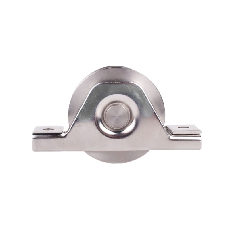 Rueda en acero inoxidable AISI316 con doble rodamiento y soporte para atornillar, ideal para puertas correderas en ambientes marinos o piscinas
