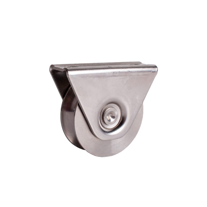 Rueda en acero inoxidable AISI316 con doble rodamiento y soporte, ideal para puertas correderas en ambientes marinos o piscinas
